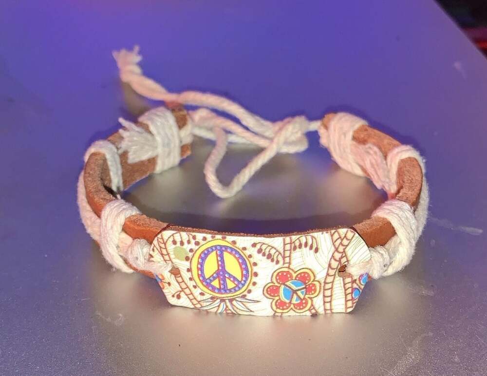 Brown Leather &White Cord Wrap Tie Bracelet, Adjustable Peace Theme #flowerpower